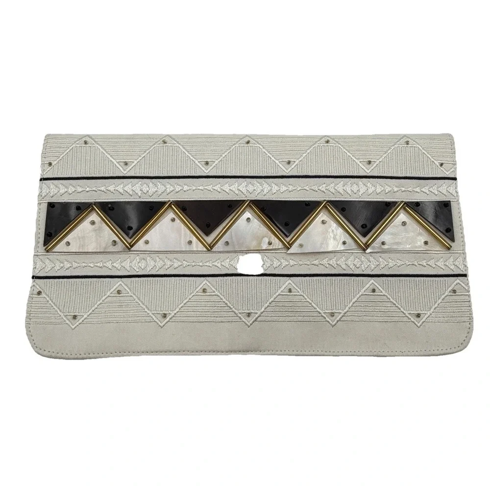 Shiraleah Chicago Reiki Clutch Ivory Embroidered Metallic Foldover Bag NWT‎